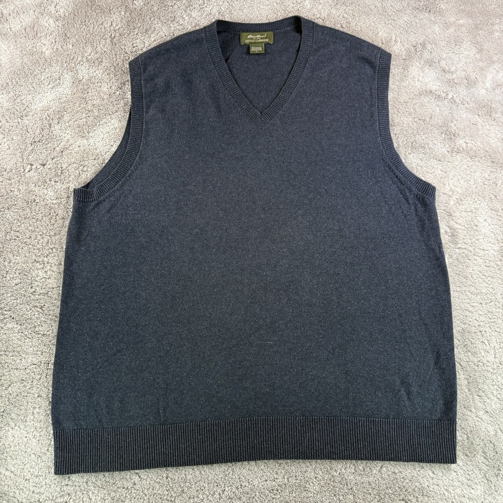 Eddie Bauer Cotton Cashmere Sweater Vest Mens Large Navy Blue V Neck Knit Casual